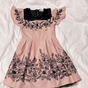 Beautiful Pink Off the Shoulder Dress with Black Velvet Floral Pattern